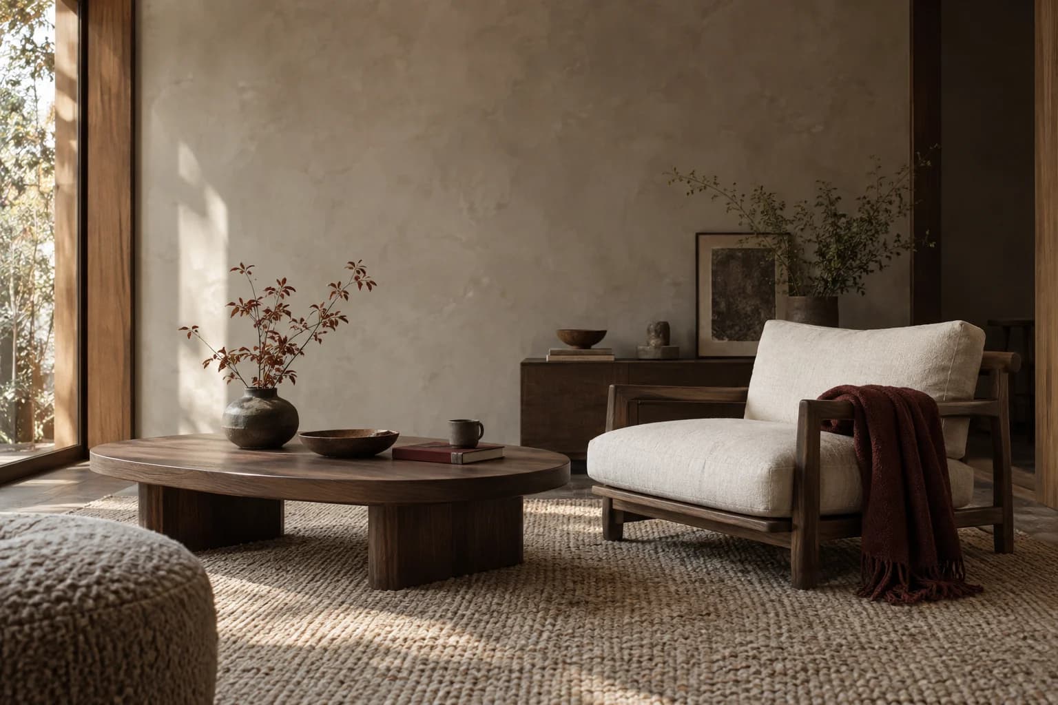 Concept interior with a walnut-toned chair, upholstered seating and a low table in soft window light.